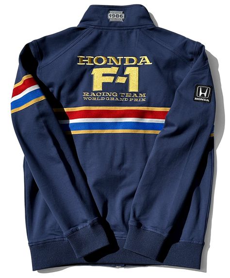 JXX-09B Dark blue with red, white, blue and gold decoration. Period correct authentic Honda and F1 team patches. Inspired by the uniforms worn by Honda F1 Racing Team engineers during the 1986 Formula 1 season. The mighty turbo V6, Honda RA 166E engine produced more than 1000+ hp in qualifying trim, winning 9 out of 16 races delivering Honda and their Grove-based partners the World Constructor's Championship in 1986. All our merchandise is 100% authentic, bespoke and produced under license to ou Vintage Sports Clothing, Honda F1, Vintage Culture, Races Fashion, Aviator Jackets, F1 Racing, Racing Team, The Mighty, Zipper Jacket