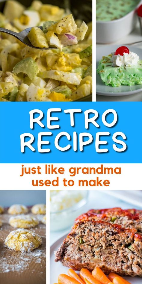 retro recipes collage with cookies, potato salad, jello salad and meatloaf. Southern Cooking Recipes, Grandma Cooking, Heirloom Recipes, Traditional Recipes, Grandmas Recipes, Green Bean Recipes, Potluck Recipes, Southern Cooking, Retro Recipes