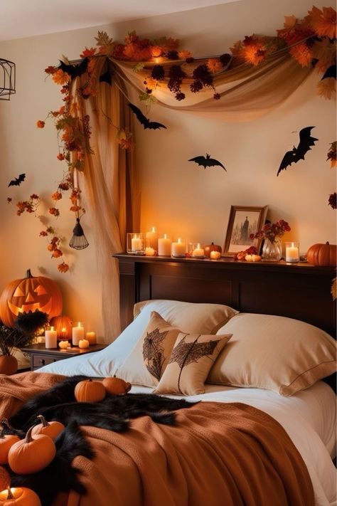 Halloween Aesthetic Bedroom, Halloween Interior Decor, Witchy Homes, Fall Astethic, Halloween Astethic, Halloween Themed Bedroom, Halloween Bedroom Aesthetic, Halloween Living Room Decor, Tennessee Outfits