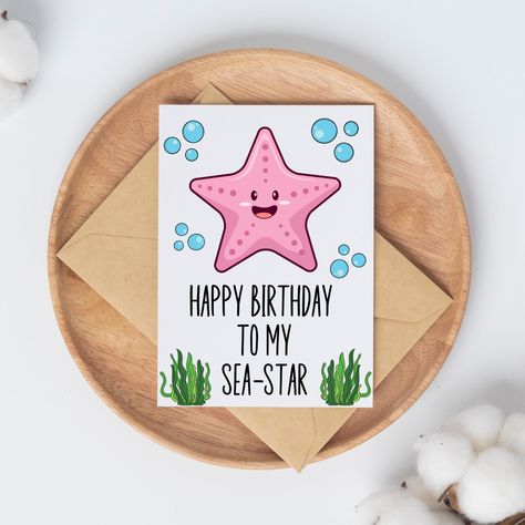 Happy Birthday To My Sea-Star, Punny Birthday Card, Birthday Card for Sister, Bestie Birthday Card, Cute Starfish Card, Sister From Another DETAILS: *A6 Card size is 4.5 inches (width) by 6.25 inches (height) folded *Printed on 100lb plain white cardstock *Personalized Message is optional, otherwise blank inside *Kraft Envelope Included SHIPPING INFO: *One or two card purchases are shipped via USPS First Class Mail which does NOT include detailed tracking (shipping can be upgraded at checkout). Sister Birthday Card Watercolor, Birthday Card For Sister Diy, Handmade Birthday Cards For Sister, Cute Birthday Cards For Sister, 22 Birthday Card, Birthday Card Ideas For Sister, Birthday Cards Sister, Birthday Cards For Sister, Punny Birthday Card