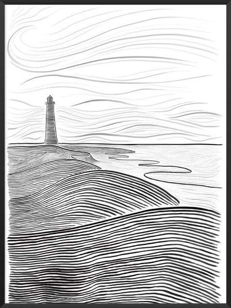 Seaside Drawing, Lighthouse Print, Black And White Beach, Pen Art Drawings, Monochrome Art, Scandinavian Print, Beach Posters, Nature Posters, Arte Inspo