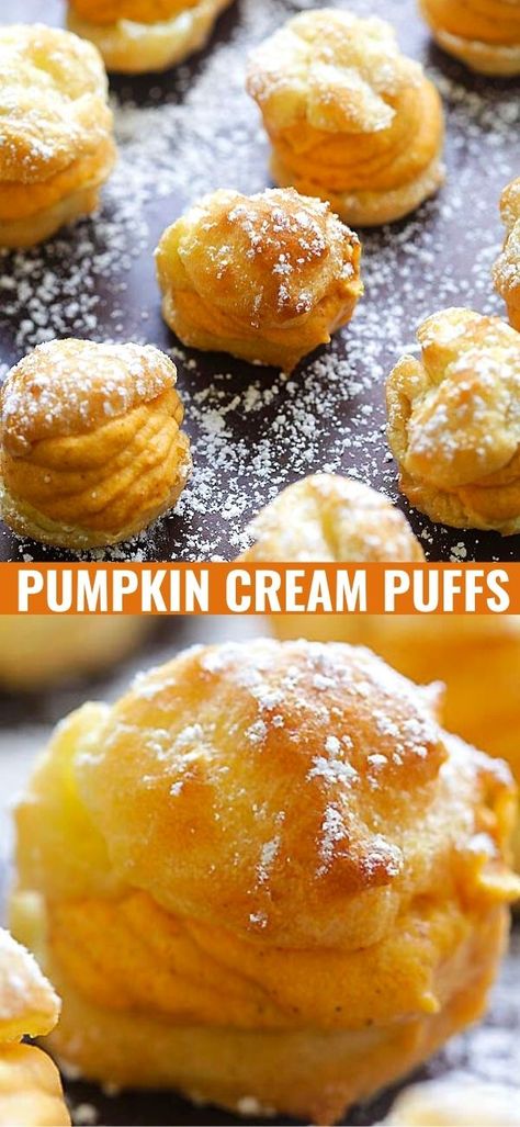 Desserts With Puff Pastry, Pumpkin Filling, Cream Puff Recipe, Pumpkin Mousse, Pie Pumpkin, Puff Recipe, Choux Pastry, Cream Filling, Sweet Pumpkin