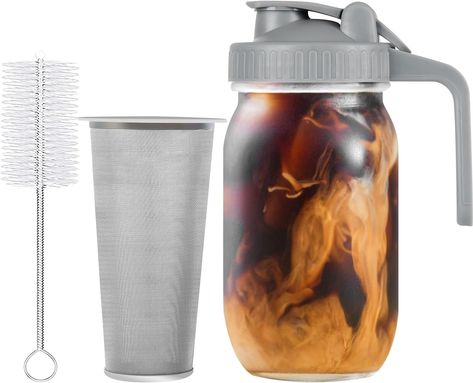 32oz Grey Stainless Steel Filter Cold Brew Mason Jar, No Leaks Cold Brew Mason Jar Coffee Maker, Easy to Clean Cold Coffee Maker Mason Jar Coffee, Coffee Mason Jar, Mason Jar Design, Iced Coffee Maker, Cold Brew Iced Coffee, Making Cold Brew Coffee, Sun Tea, Homemade Juice, Coffee Jars