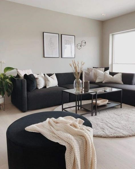 Dark Couch Living Room, Dark Grey Couch Living Room, Grey Couch Living Room, Living Room Decor Gray, Black Living Room, Apartment Living Room Design, Small Living Room Decor, Living Room Decor Cozy, Home Design Living Room