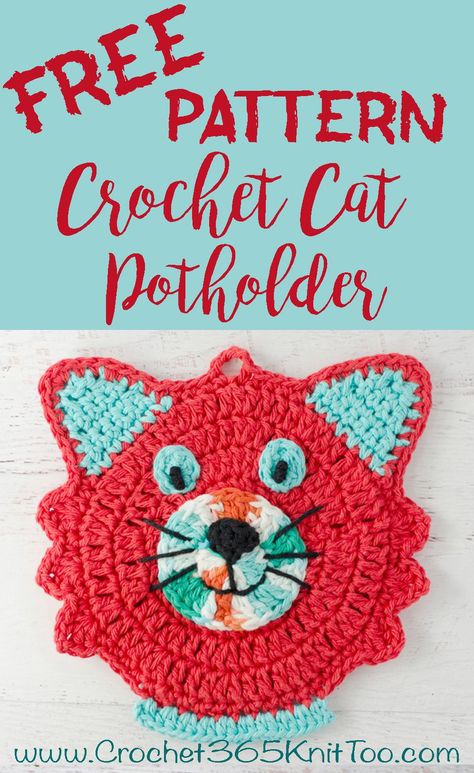 Cute crochet cat potholder pattern! Love this! Crochet Cat Potholders Free Patterns, Crochet Cat Face, Cat Pot, Crochet Pot Holders Free Pattern, Crochet Towel Topper, Crochet Potholder, Crochet Potholder Patterns, Crochet Hot Pads, Crochet Sheep