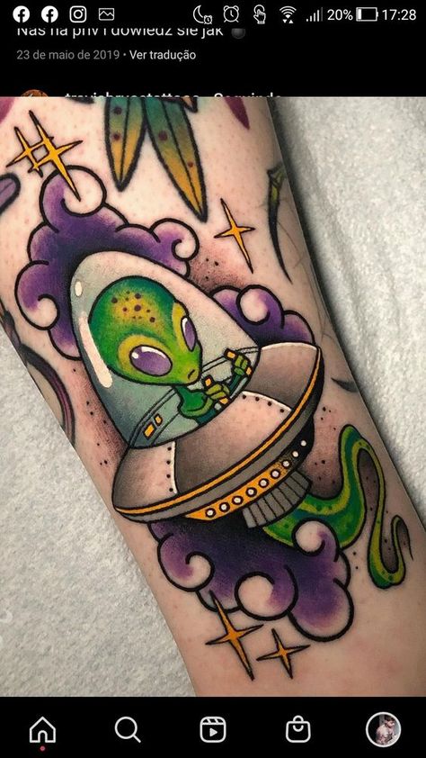 Colorful Alien Tattoo, Neo Traditional Alien Tattoo, Alien Tattoo Color, Tattoo Flash Color, Alien Flash Tattoo, Cute Alien Tattoo, Psycodelic Tattoo, Phycadelic Tattoo, Alien Tattoo Design