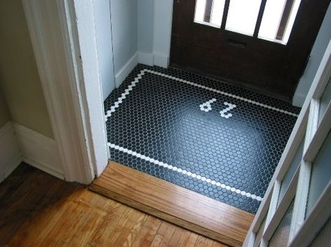 Another black penny tile entryway with white border...love the penny tiles. Maybe carrera penny tiles? Penny Tile Floors, Entryway Tile, Entry Tile, Entryway Flooring, Penny Tile, Vintage Tile, Small Entryway, Hexagon Tiles, Front Entrances