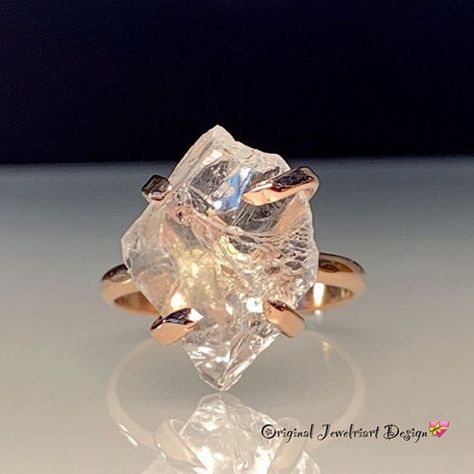 Raw Diamond Rings, January Birthstone Jewelry, Raw Diamond Engagement Rings, Healing Crystal Ring, Herkimer Diamond Ring, Raw Crystal Ring, Ring Rosegold, Raw Stone Ring, Diamond Quartz