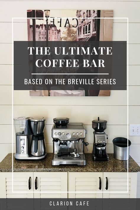 If you are looking for a functional and relatively high-end coffee bar for your kitchen, check out this setup based on Breville equipment. Ultimate Coffee Bar, Breville Barista Express Coffee Station, Coffee Espresso Bar, Coffee And Espresso Bar, High End Coffee Bar, Espresso Station In Kitchen, Breville Coffee Station, Espresso Machine Station Bar Ideas, Espresso Bar In Kitchen