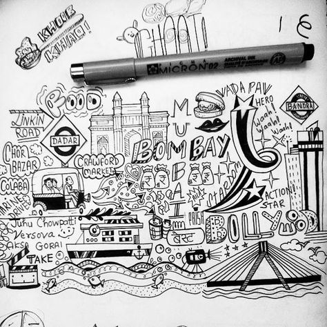 MUMBAI DOODLE Mumbai Doodle Art, Mumbai Graffiti, Mumbai Drawing, Mario Miranda, Hotel Decorations, Travel Doodles, Doodle Art Letters, Landscape Graphic, Mandala Doodle