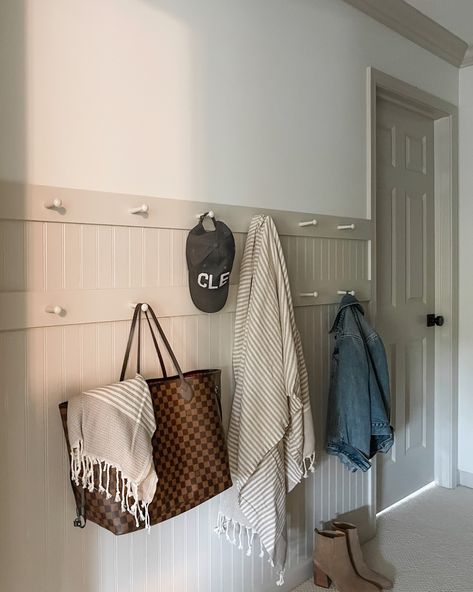 DIY in a Day: Shaker Peg Rail Wall and Trim Entryway Wall Pegs, Peg Rail In Kitchen, Hallway With Peg Rail, Shaker Peg Rail Bathroom, Wall Of Hooks Entryway, Shaker Peg Rail Kitchen, Pegboard Mudroom Entryway, Mudroom Boot Pegs, Peg Wall Kitchen