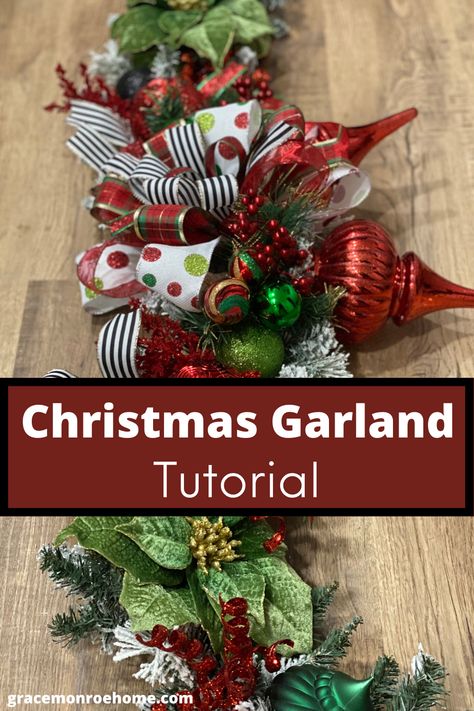 Learn to Make a Beautiful Christmas Garland for Your Mantle or Door! Christmas Mesh Garland Front Doors, Diy Christmas Garland With Ornaments, Diy Lighted Garland Christmas, Making A Christmas Swag, How To Make A Christmas Swag Tutorials, Christmas Door Swags Diy Deco Mesh, Diy Door Garland Christmas, How To Decorate Garland For Christmas, How To Make A Christmas Swag