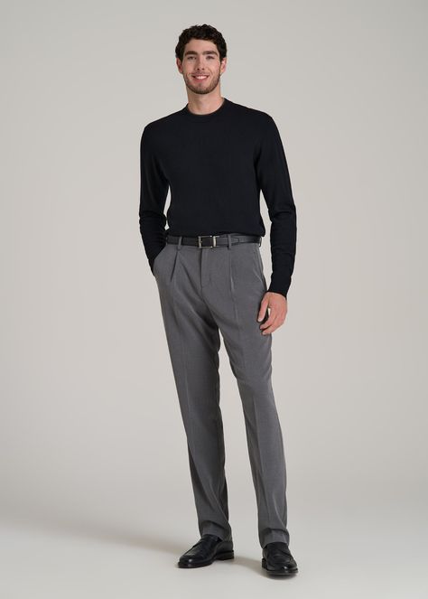 About Our Tall Men's Relaxed Tapered Pleated Trouser The Go-To Pants for Tall Men For the guy over 6' who values both style and comfort, these relaxed tapered pleated slacks for tall men are a game-changer. Designed specifically for the unique needs of tall guys, they offer a sophisticated look without sacrificing comfort. Embrace a modern style of men's tall pants that stands out in any setting.• Modern tapered fit• Versatile design for both casual and formal settings• Sustainably made with 68% Gray Dress Pants Outfit Men, Tailored Pants Outfit Men, Tapered Trousers Outfit, Tall Mens Fashion, Tall Guy Outfits, Grey Dress Pants Outfit, Tailored Pants Outfit, Pleated Slacks, Guy Standing