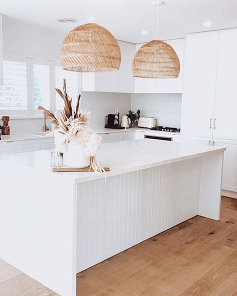 Kitchen Island Benches Ideas, Classic Hamptons Kitchen, White Vj Panelling, Modern Shaker Kitchen Design, Influencer Kitchen, V Groove Kitchen, Island Bench Ideas, Island Bench Kitchen, Modern Hamptons Style Kitchen