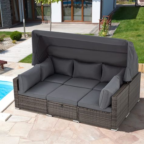 HOMREST 6 Pieces Patio Furniture Sets, Rattan Daybed with Retractable Canopy, Outdoor Sectional Sofa Set with Adjustable Backrest, Chaise Chair Sunbed for Garden Poolside Backyard（Grey） Daybed Outdoor, Rattan Daybed, Conversation Sofa, Backyard Seating, Chaise Chair, Retractable Canopy, Patio Sofa Set, Dream Yard, Outdoor Daybed