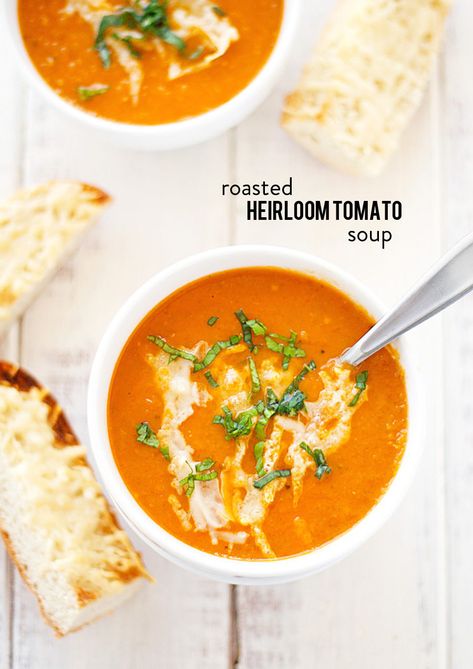 Heirloom Tomato Soup, Roasted Heirloom Tomatoes, Style Me Pretty Living, Tomato Bisque, Roasted Tomato Soup, Heirloom Tomato, Tomato Soup Recipes, Happy Foods, Heirloom Tomatoes