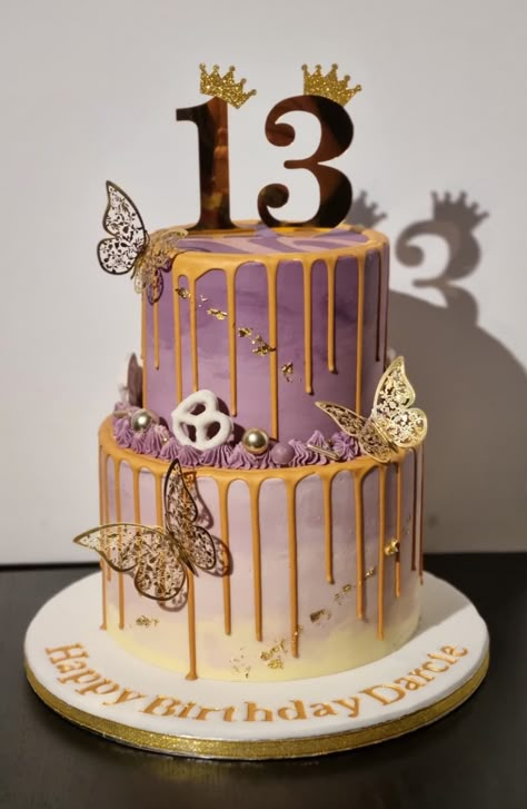 Three Tier Butterfly Cake, Purple And Rose Gold Cake, Purple White And Gold Birthday Cake, Purple And Gold Cake Ideas, Purple And Gold Cakes, Double Layer Cake Design, Purple Gold Cake, Double Tier Cake, Purple And Gold Cake