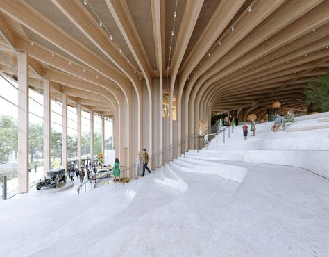 Henning Larsen designs tree-like volumes made from mass timber for Volvo centre Henning Larsen, Danish Architecture, Timber Architecture, Timber Buildings, Experience Center, Timber Structure, Timber Construction, Glass Facades, Gothenburg