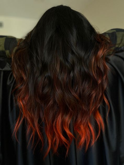 Dark Orange And Black Hair, Black Hair With Red Extensions, Black Hair With Orange Tips, Black To Orange Ombre Hair, Orange Underneath Hair, Black Hair With Orange Highlights, Dyed Ends Of Hair Brunettes, Ends Of Hair Dyed, Copper And Black Hair