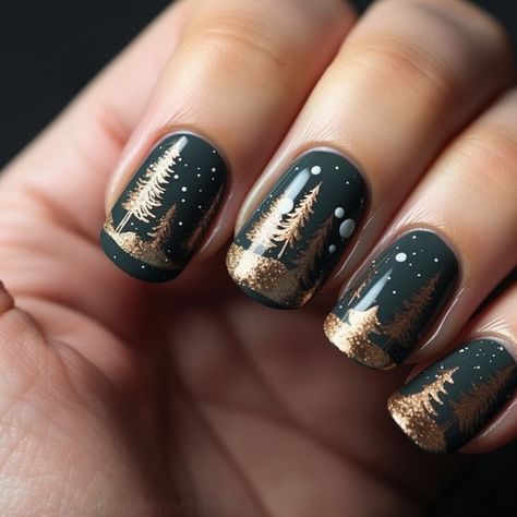 winter nails design forest green and earthy brown, nails with pine tree and reindeer designs Green Tree Nails, Mountain Design Nails, Nails Mountain Design, Winter Forest Nails, Pagan Yule Nails, Modele Thonjsh, Simple Christmas Tree Nails, Forest Green Nail Ideas, Winter Green Nails