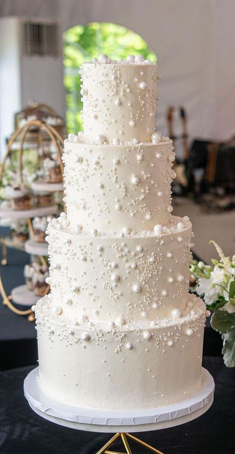 40 Eternal Elegance Wedding Cake Ideas : Three Tier Pearl Wedding Cake Pearls Theme Wedding, Four Tier Wedding Cakes, Pearl Cake Design, Groom Accessories Wedding, Fantastical Wedding, Timeless Wedding Cake, Pearl Cakes, Wedding Cake With Pearls, Cakes 2023