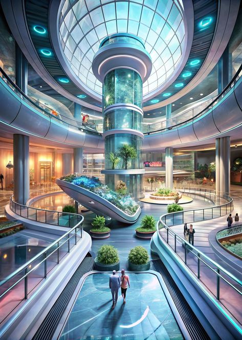 Step into the future with these breathtaking futuristic interior design ideas for shopping malls. 😍 Discover innovative designs and materials that create a truly immersive shopping experience. #interiordesign #futuristic #shoppingmall #architecture #designinspiration #retail #shopping #modern Futuristic Dormitory, Futuristic Mansion Interior, Futuristic Interior Concept Art, Futuristic Grocery Store, Futuristic Bunker, Haunted Spaceship, Futuristic Mall, Modern Futuristic Interior, Futuristic Lifestyle