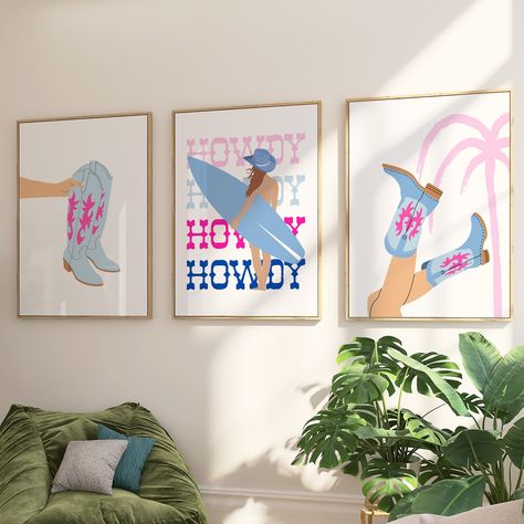 Coastal Cowgirl Print Set of 3 Pink and Blue Wall Art, Trendy Preppy Dorm Decor, Howdy Poster, Western Cowgirl Boots, Beach Surf Girly Decor // STYLE // Howdy Print, Surf Print, Digital Download, Pink and Blue Wall Art, Pink and Blue Decor, Coastal Wall Art, Trendy Wall Art, Western Wall Art, Printable Wall Art, Digital Art Print, Southwest Decor, Coastal Cowgirl Art, Cowgirl Aesthetic, Beachy Wall Art, Pink Preppy Print, Set of 3 Prints 🦋 This listing is an INSTANT DOWNLOAD, files will be avai Surfer Cowgirl Room, Country Dorm Decor, Preppy Western Decor, Beachy Cowgirl Bedroom, Pink And Blue Wall Decor, Pink And Blue Beach Room, Pink Coastal Cowgirl Bedroom, Beach Cowgirl Aesthetic Room, Pink And Blue Apartment Decor