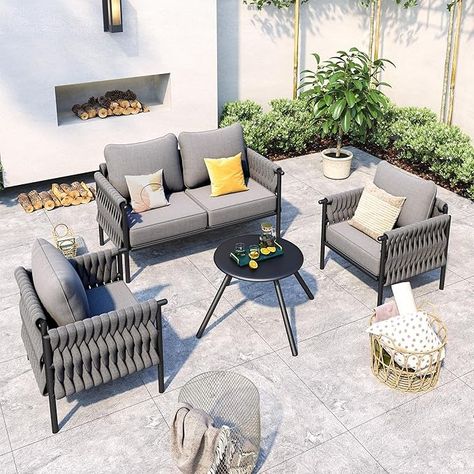 Amazon.com: VONZOY Metal Outdoor Patio Furniture Set, 4 Pieces Modern Outdoor Conversation Furniture Sets w/Coffee Table, Outside Furniture with High-Resiliency Sponge Cushions for Porch, Balcony, Backyard : Patio, Lawn & Garden Grey Outdoor Furniture, Deep Sofa, Metal Patio Furniture, Porch Balcony, Relaxing Space, Outside Furniture, Sofa Seating, Outdoor Patio Furniture Sets, Modern Patio