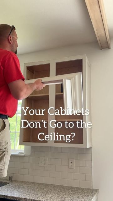 Paige Bower | Budget DIY + Custom Carpentry + Design on Instagram: "Wait, your kitchen cabinets don’t go all the way to the ceiling?! Well, neither do ours!!  Adding a custom stacked crown to our cabinets was the most cost effective way to make them appear taller.   Would you add this to your cabinets if they aren’t all the way to the ceiling?  #kitchencabinets #cabinetcrown #stackedcrown" Kitchen Cabinets That Go To Ceiling, Add Crown Molding To Cabinets, Diy Cabinets To The Ceiling, Ceiling Height Kitchen Cabinets, Extending Kitchen Cabinets To Ceiling, Crown Molding On Kitchen Cabinets, Kitchen Renos, Custom Carpentry, Cabinet Molding