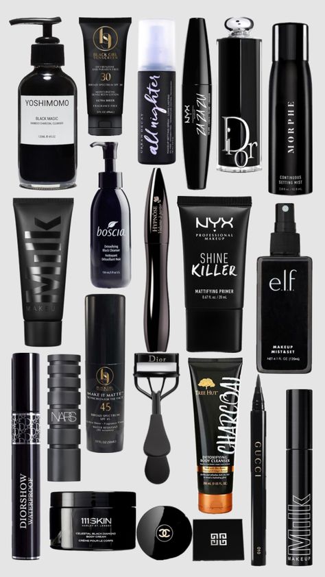 #black#skincare#makeup#haircare Black Skin Care Aesthetic, Goth Makeup Products, Reputation Makeup, Black Skincare, Makeup Morphe, Mattifying Primer, Skin Care Routine Order, Black Skin Care, Black Y2k