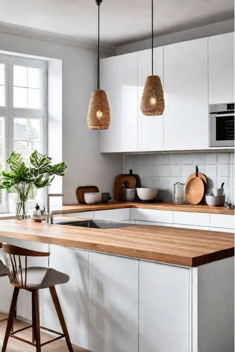 Scandinavian kitchen with a mix of white and wood tones and natural light Kitchens 2024, Hygge Kitchen, Minimalism Kitchen, Scandinavian Kitchen Decor, Kitchen Scandinavian Style, Nordic Style Kitchen, Scandinavian Kitchens, Scandinavian Kitchen Design, Scandinavian Aesthetic