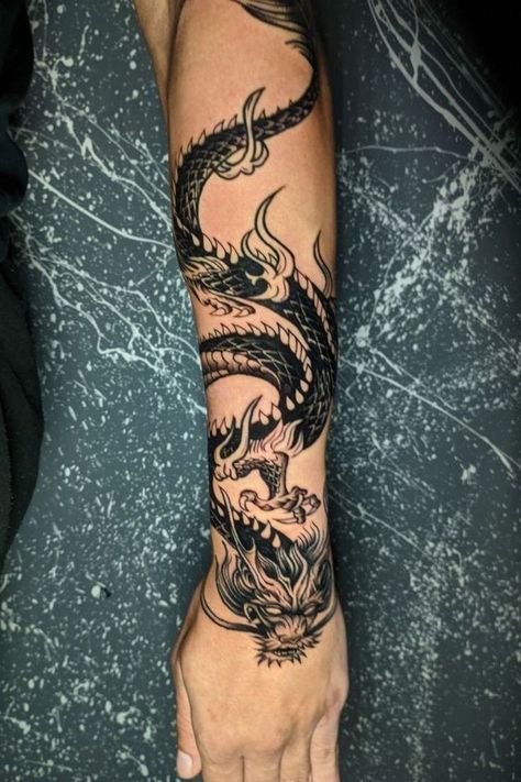 Wrap Around Dragon Tattoo, Forearm Dragon Tattoo, Dragon Wrapped Around Arm Tattoo, Dragon Tattoo Wrapped Around Arm, Dragon Arm Tattoo, Dragon Tattoo Forearm, Cloud Tattoo Sleeve, Black Dragon Tattoo, Dragon Tattoo Arm