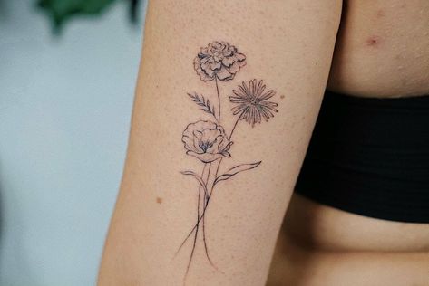 Marigold Bouquet Tattoo, Marigold And Cosmos Tattoo, Cosmos Tattoos, Cosmos Flower Bouquet, Marigold And Cosmos Flower Tattoo, October Birth Flower Tattoo, Marigold Tattoo, Cosmos Tattoo, October Birth Flower