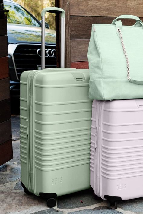 The 26" Check-In Roller in Green | Beis Travel – Béis Travel Green Luggage Aesthetic, Travel Suitcase Aesthetic, Aesthetic Suitcase, Luggage Sets Cute, Green Luggage, Bedroom Design Trends, Cute Luggage, Travel Bag Set, Stylish Luggage