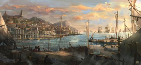 Thriving Merchant Town Carribean Port by Cristian  Chihaia #digitalart #digitalartist #digitalpainting #digitalillustration #art #artwork #conceptdesign Asoiaf Castles, Bg3 Gale, Pirate Vibes, Vila Medieval, Sea Port, Fantasy City, Fantasy Places, Fantasy Art Landscapes, High Fantasy