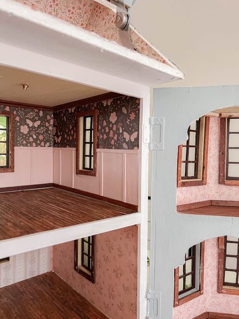 Dollhouse In Bedroom, Dollhouse Before And After, Hobby Lobby Dollhouse Ideas, Dollhouse Plaster Walls, Wes Anderson Dollhouse, Dollhouse Paint Colors, Dolls House Restoration, Refurbished Doll House Diy, Decorate Dollhouse Ideas