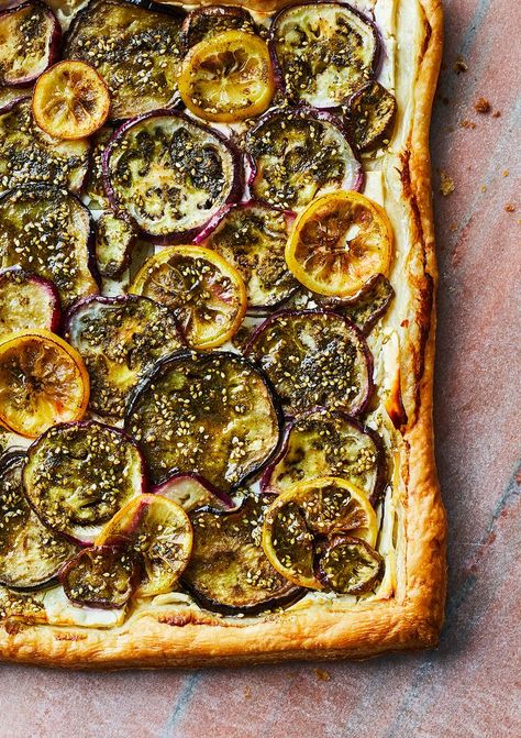 Eggplant, Feta, and Lemon Tart Recipe Eggplant Feta, Best Eggplant Recipe, Easy Eggplant, Eggplant Recipes Easy, Lemon Tart Recipe, Small Eggplant, Frozen Puff Pastry, Tart Recipe, Lemon Tart