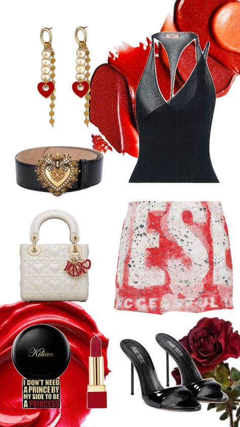 Get ready to turn heads with this chic and daring outfit! Featuring a sleek black top, trendy graphic mini skirt, and eye-catching accessories like heart earrings and a bold statement belt. Complete the look with a classic white handbag, black heels, and a swipe of red lipstick. Perfect for a night out or a stylish event, this ensemble is a mix of edgy and elegant. #FashionInspo #OutfitIdeas #StyleGoals#Red#Black Graphic Mini Skirt, Black And Red Outfit, Statement Belt, Lucky In Love, Autumn 2024, White Handbag, Handbag Black, Red Lipstick, 2024 Fashion