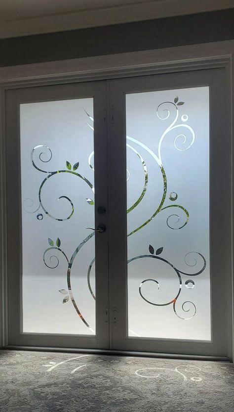 Double Doors Frosted Glass Design Pattern, Glass Doors Interior Modern, Frosted Double Doors Interior, Glass Panel Double Door, Frosted Glass Double Doors, Etched Glass Door For Kitchen, Frosted Glass Double Closet Doors, Frosted Window Design, Glass Partition Designs