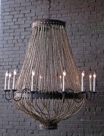 Luigi Chandelier rusted black iron and rope; 3 ft. chain; made to order, please allow 8 weeks - 8 or 12 Light; 8 LIGHT - 38" high x 36" diameter  $1825.00 | 12 LIGHT - 60" high x 50" diameter  $3725.00 Gray Chandelier, Eclectic Chandeliers, Rope Chandelier, Casual Decor, Empire Chandelier, Deco Luminaire, Wood Chandelier, Dramatic Lighting, Atlanta Homes