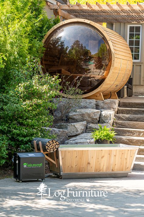 Rustic Barrel Sauna and Wood Cold Plunge Hot Tub Sauna Cold Plunge Backyard, Sauna Barrel Outdoor, Barrel Sauna Landscaping, Sauna And Cold Plunge, Rustic Saunas, Backyard Sauna, Spa Space, Modern Saunas, Sauna Ideas