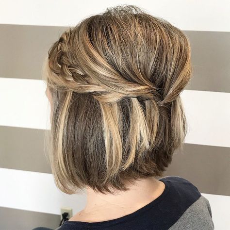 28 Gorgeous Wedding Hairstyles for Short Hair This Year Wedding Hairstyles Short Hair Half Up Half Down, Updues For Short Hair Wedding, Short Bob Hairstyles For Wedding Guest, Hair Ideas For Wedding Guest Short Hair, Fall Wedding Hairstyles For Short Hair, Fancy Short Hair Updo, Formal Hair For Short Bob, Short Bob Dressy Hair, Bob Style For Wedding