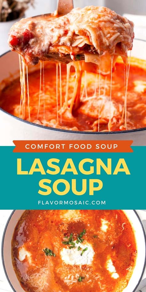 Easy Lasagna Soup is an easy cheesy and comforting soup that tastes like lasagna in a bowl, and can be on the table in 30 minutes. #LasagnaSoup #EasyLasagnaSoup Cheesy Lasagna Soup, Lasagna Soup Recipe With Ricotta, Lasagna In A Bowl, Garlic Marinara Sauce, Lasagne Soup, Easy Lasagna Soup, Frozen Lasagna, Italian Seasonings, Lasagna Soup Recipe