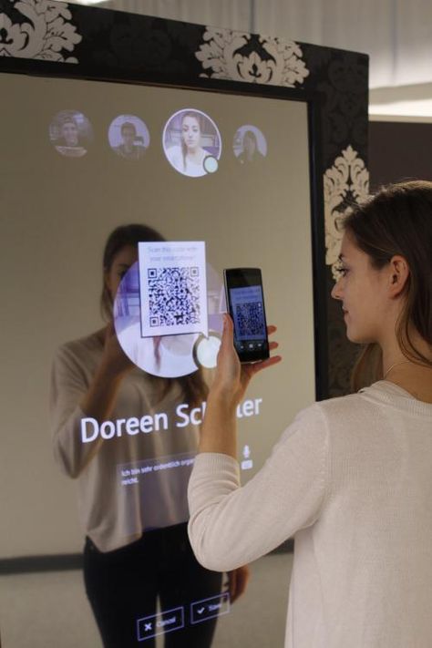 Avoid conflicts with an interactive mirror talking to your smartphone #IoT Improve Dance, Interactive Mirror, Interactive Retail, Smart Home Ideas, Digital Exhibition, Digital Mirror, Interaktives Design, Digital Retail, Visual Basic