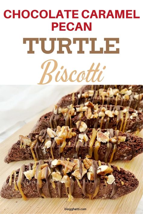 Coffee Shop Pastry Ideas, Turtle Biscotti, Turtle Scones, Caramel Biscotti, Best Biscotti Recipe, Biscotti Recipes, Chocolate Turtle, Pecan Turtles, Chocolate Biscotti