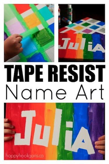 Tape Resist is a fun and easy way for kids to make name art. You just make a design on your canvas with tape, paint the white space around it and then pull up your tape Happy Hooligans, Arts And Crafts For Teens, Toddler Art Projects, Easy Art Projects, Easy Arts And Crafts, Easy Art, Art Easy, Toddler Art, Camping Crafts