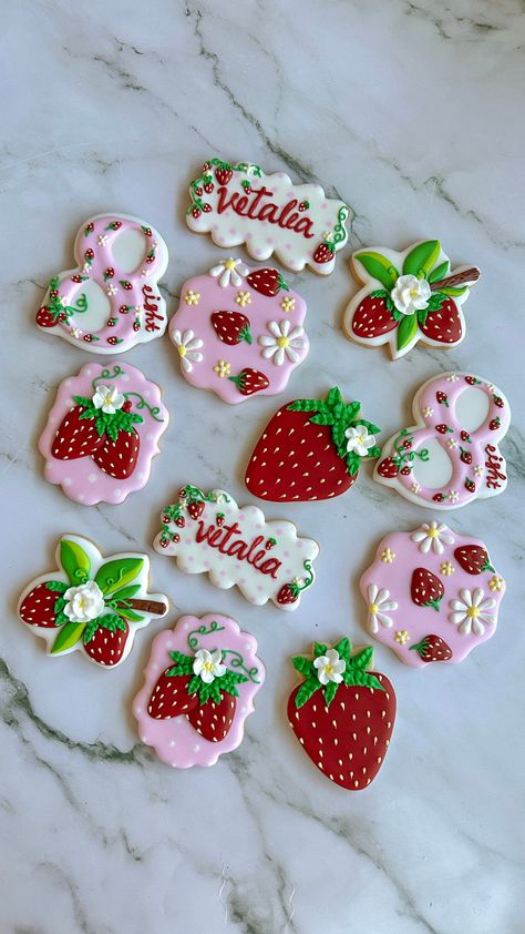 Strawberry Themed Shortcake Berry Bitty 🍪Set of 6, 12, 24, 48 Customizable Natural, Organic and High-quality boat Royal Icing Sugar Cookies!! 😸  Pick your quantity and in the personalization mention which cookies in the photo you would like.  💃These vibrant and delicious cookies are perfect for your birthday party / gift/ event. 🍏Only the freshest ingredients, these cookies are baked to order with organic butter, sugar, and only Natural flavoring and coloring. 🌺 CHILDREN FRIENDLY 🍓 ❗Import Strawberry Theme Sugar Cookies, Strawberry Picnic Aesthetic, Berry First Cupcakes, Strawberry Shortcake Cookies Decorated, Strawberry Shortcake Sugar Cookies, Strawberry Themed Desserts, Strawberry Themed Cookies, Strawberry Sugar Cookies Decorated, Strawberry Cookies Decorated