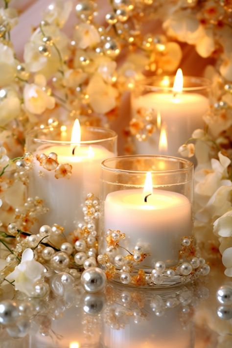 Elegant white wedding candles adorned with pearls and delicate flowers, exuding timeless charm Elegant White Wedding, Digital Photography Backgrounds, Pearl Candle, Candle Arrangements, Creative Wedding Gifts, Crayon Drawings, Diwali Wishes, Delicate Flowers, Artisan Soap