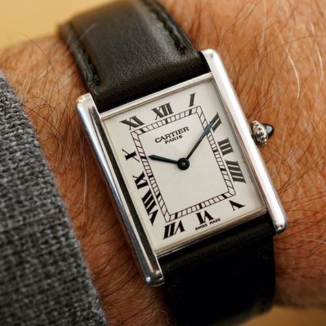 Cartier Tank Louis in platinum on black calf leather strap. Louis Cartier Tank, Cartier Tank Men, Tank Cartier, Cartier Tank Louis, Cartier Watches Mens, Cartier Men, Stylish Watches Men, Tank Watch, Classy Watch