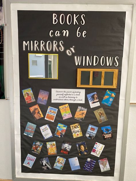 I ordered the mirror on Amazon and bought the picture frame at Hobby Lobby. I turned the backs of the frame openings backwards. I included book covers for books in our middle school library collection representing diverse characters of different races, religions, sexual orientations, and abilities. Classroom Book Nook Middle School, Elementary Library Ideas Decor, Middle School Library Display Ideas, Middle School Classroom Library Ideas, Middle School Door Ideas, Book Cover Display, Library Display Ideas School, Fall Library Window Display, School Library Displays Ideas